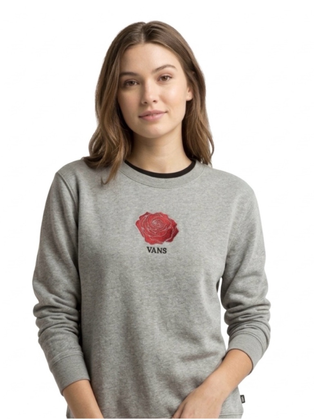 VANS Gray Crewneck Embroidered Red Rose Logo Glam Skater Vibe